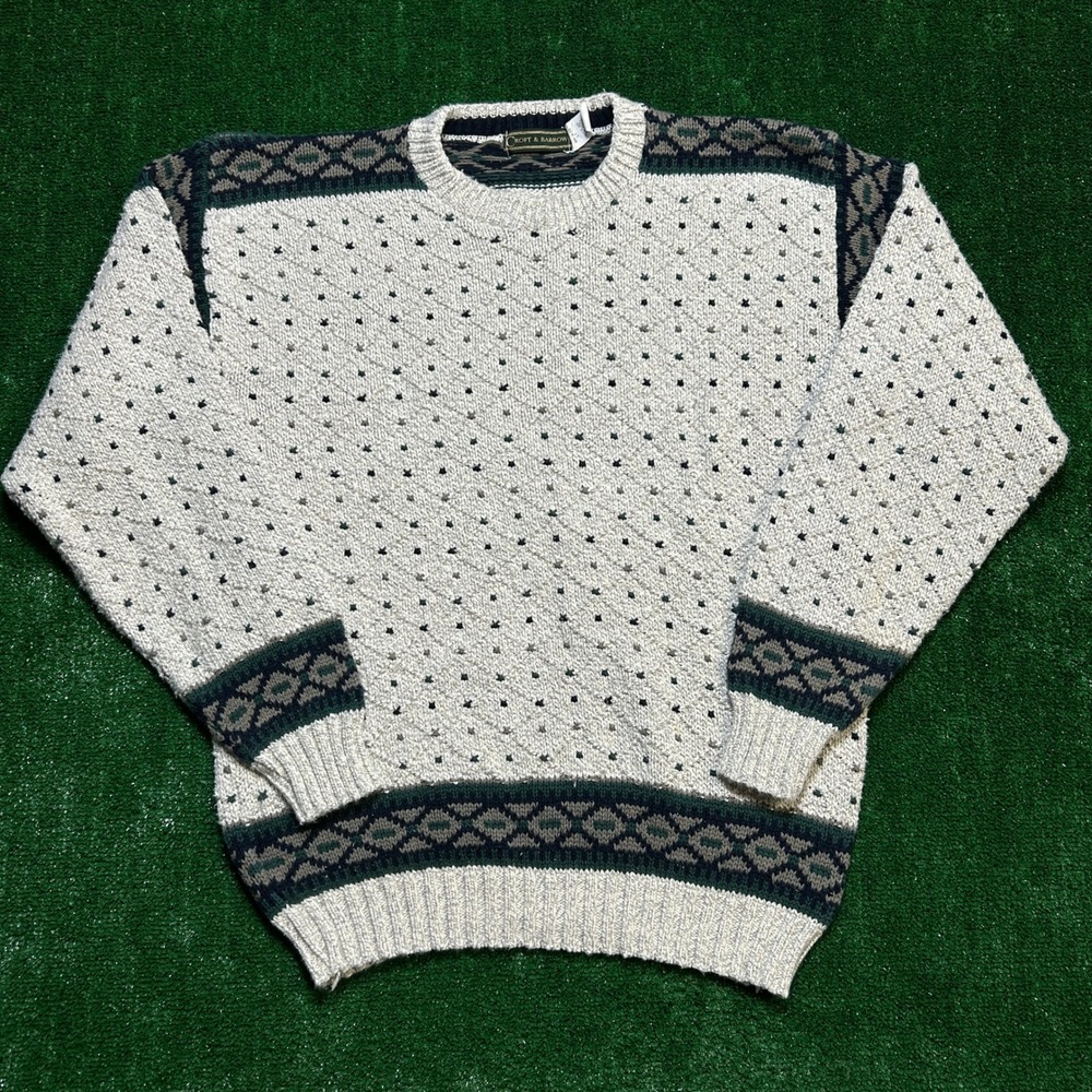 Vintage 90s Croft & Barrow 3D Grandpa Knit Sweater Cream Green Geometric LT